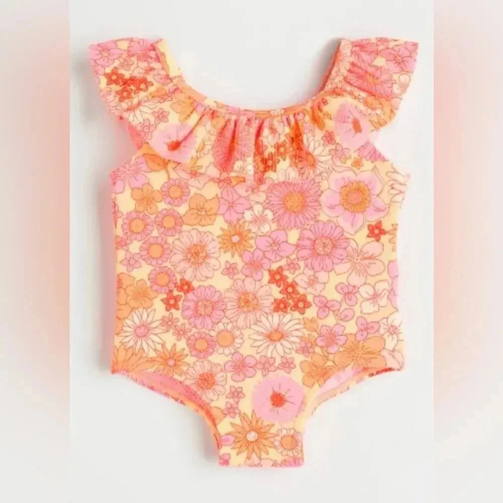 H&M baby girl swimsuit one-piece ruffles toddler floral groovy